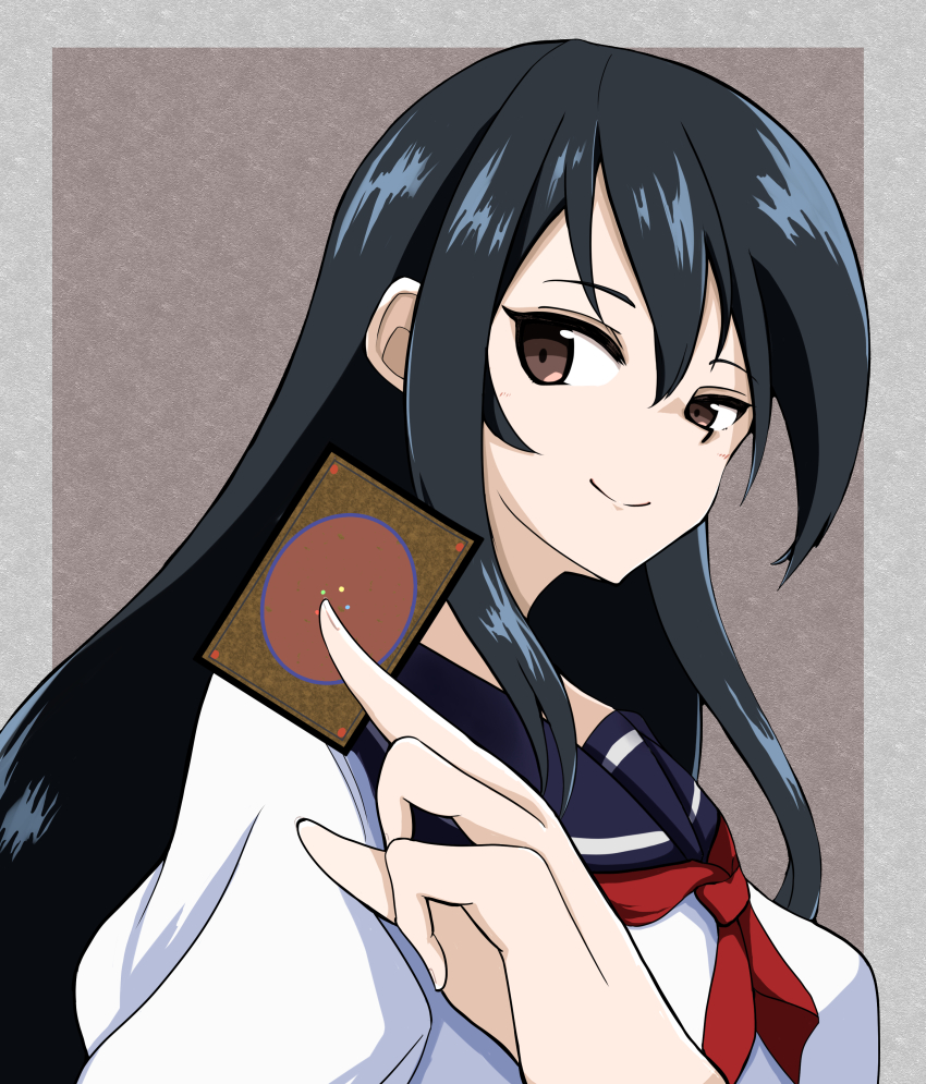 1girl, absurdres, black_hair, blue_sailor_collar, brown_eyes, card, closed_mouth, highres, holding, holding_card, long_hair, looking_at_viewer, magic:_the_gathering, mk_ii_(maebrasan), sailor_collar, sawatari_emi, shirt, sidelocks, smile, solo, subete_no_jinrui_wo_hakai_suru._sorera_wa_saisei_dekinai., trading_card, very_long_hair, white_shirt