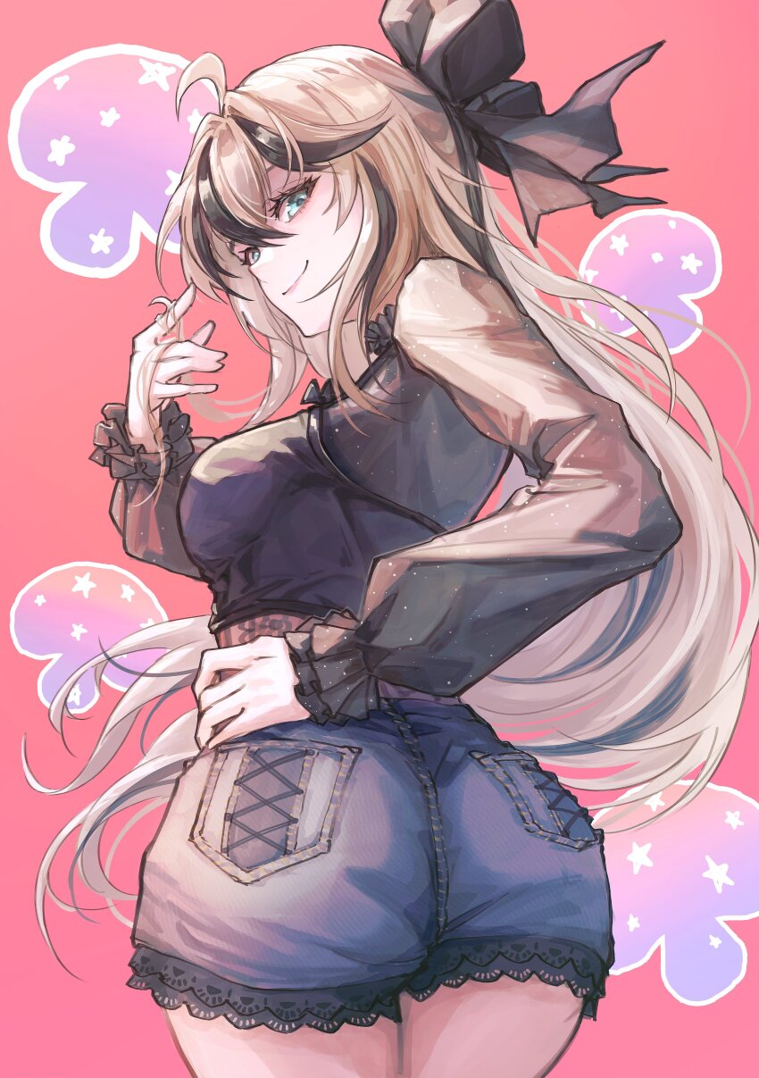 1girl, absurdres, ass, ass_focus, bare_shoulders, black_hair, blonde_hair, bow, breasts, chongus_dongus, come_hither, from_behind, green_eyes, hair_bow, highres, huge_ass, large_breasts, long_hair, looking_at_viewer, mello_(vtuber), multicolored_hair, naughty_face, short_shorts, shorts, sideboob, smile, solo, very_long_hair, virtual_youtuber