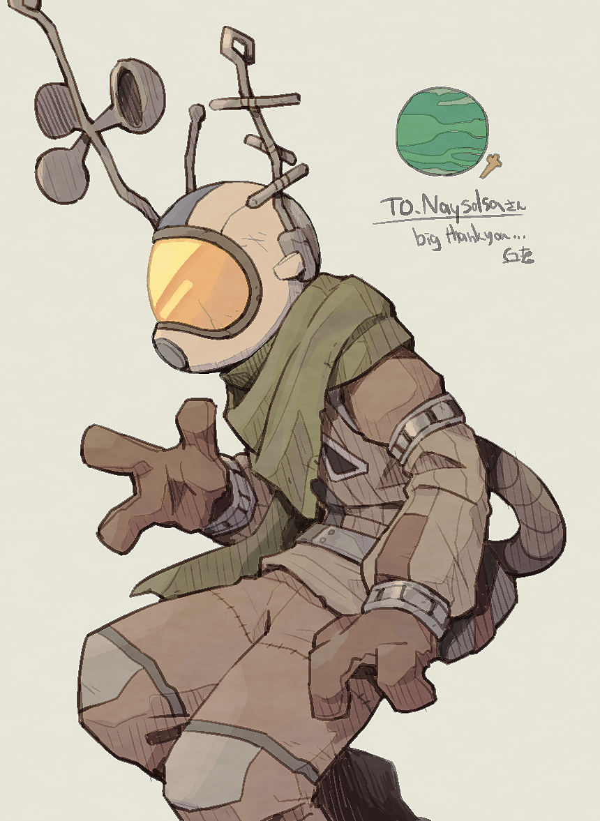 1other, brown_gloves, brown_pants, covered_face, fewer_digits, gabbro, gloves, green_scarf