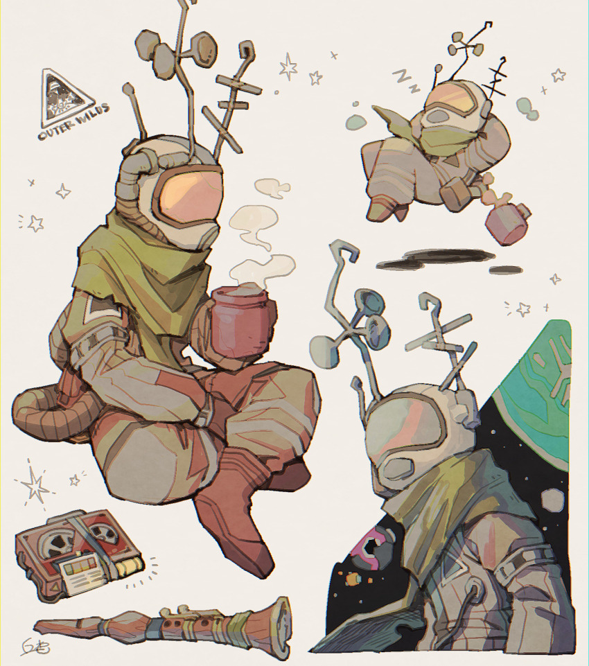 1other, brown_pants, cassette_tape, copyright_name, covered_face, cup, floating, flute