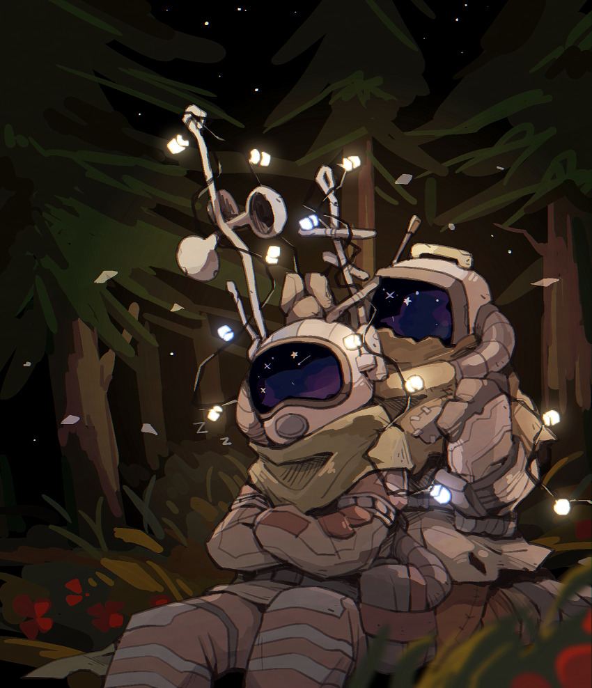 2others, christmas_lights, covered_face, crossed_arms, facing_viewer, gabbro, green_scarf, hatchling_(outer_wilds)