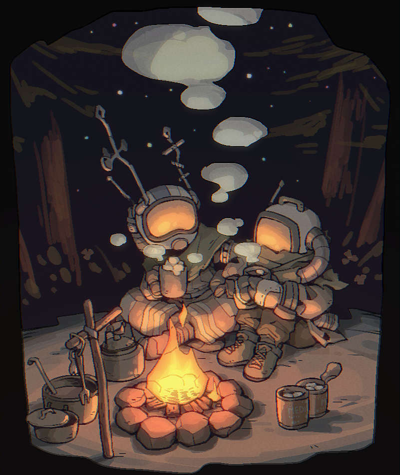 2others, black_border, border, campfire, can, cooking_pot, covered_face, cup