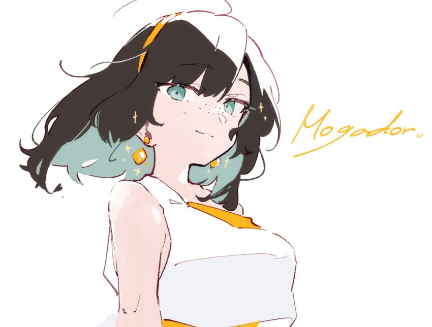 1girl, breasts, brown_hair, character_name, commentary_request, dress, earrings, floating_hair