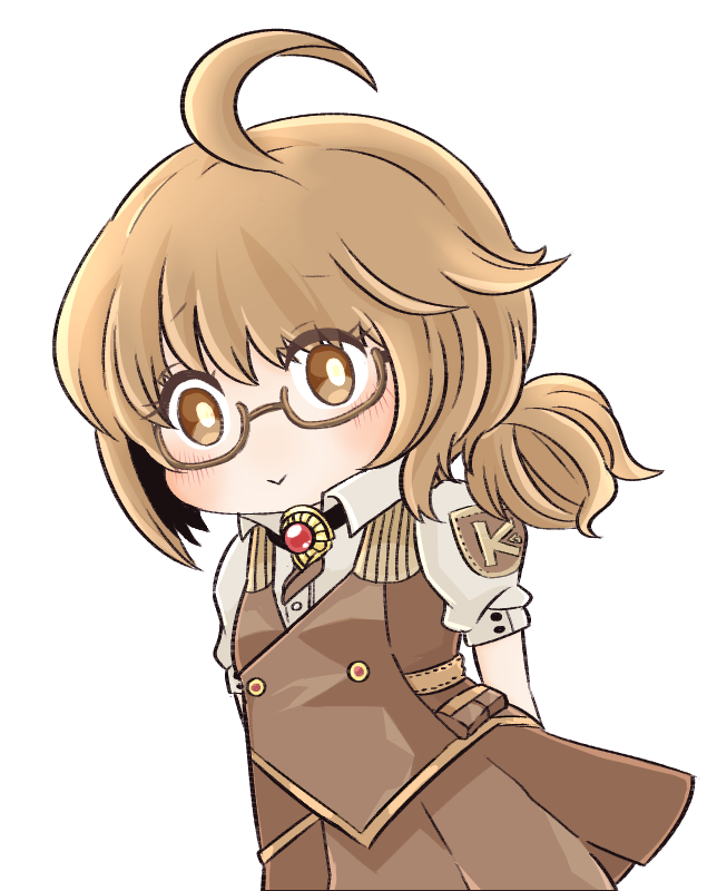 1girl, :>, ahoge, blush, brown-framed_eyewear, brown_eyes, brown_hair, brown_skirt