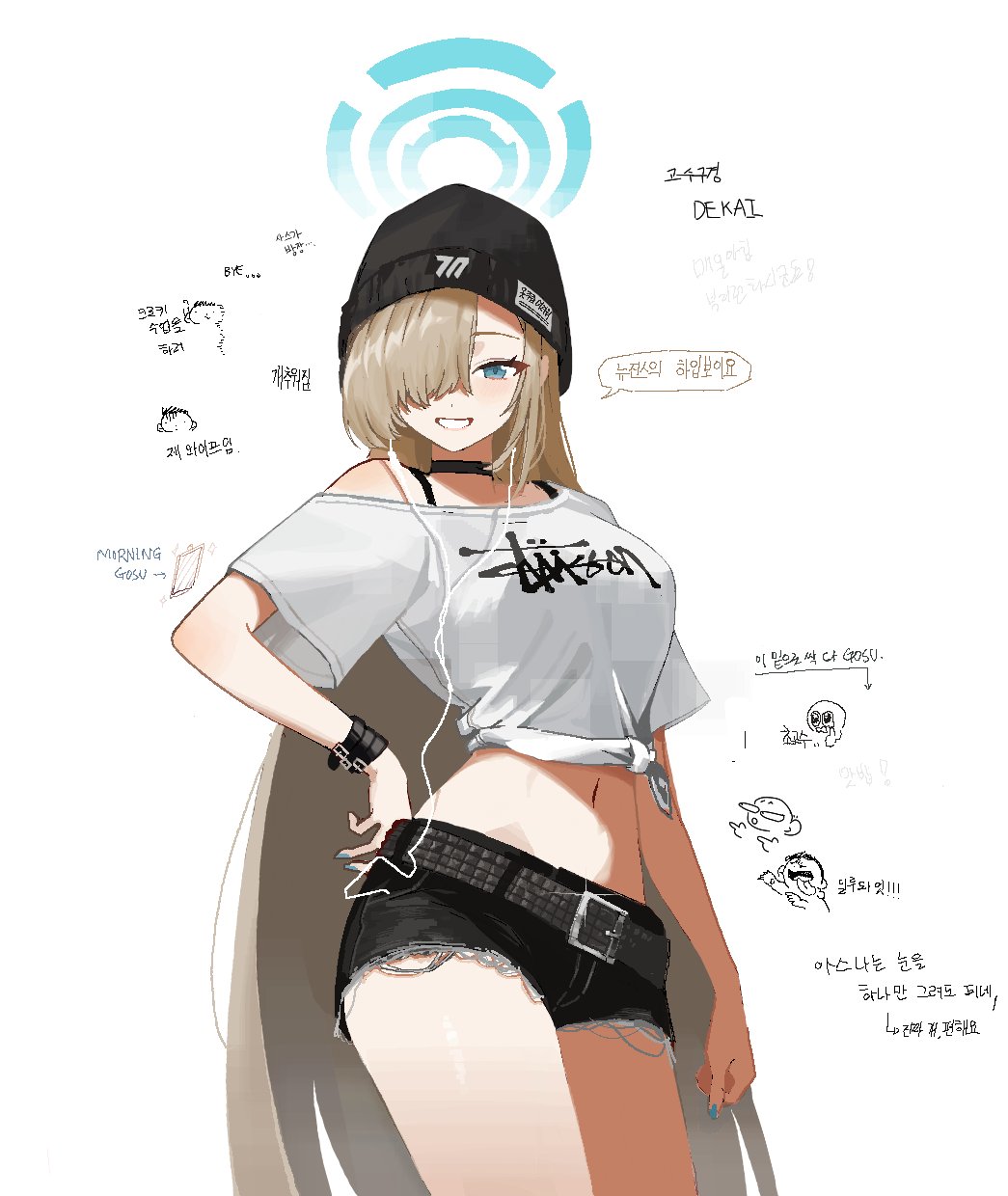 1girl, alternate_costume, anyak05, asuna_(blue_archive), beanie, black_choker, black_shorts, blue_archive, blue_eyes, blue_halo, brown_hair, choker, denim, denim_shorts, earphones, grin, hair_over_one_eye, halo, hat, highres, long_hair, magma_(medium), navel, paint_chat_(medium), shirt, short_shorts, shorts, smile, solo, speech_bubble, stussy_(brand), teeth, tied_shirt, translation_request, very_long_hair, white_background, white_shirt