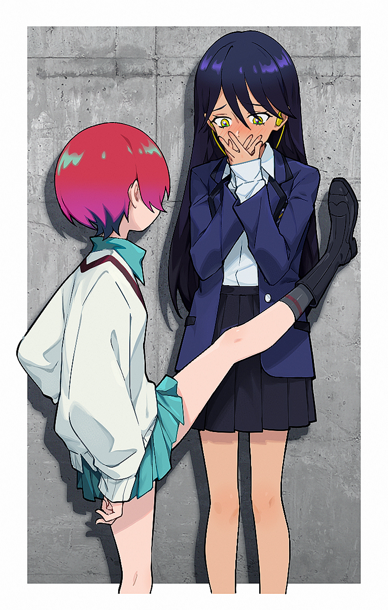 2girls, amate_yuzuriha, aqua_skirt, black_boots, black_hair, black_skirt, black_socks, blush