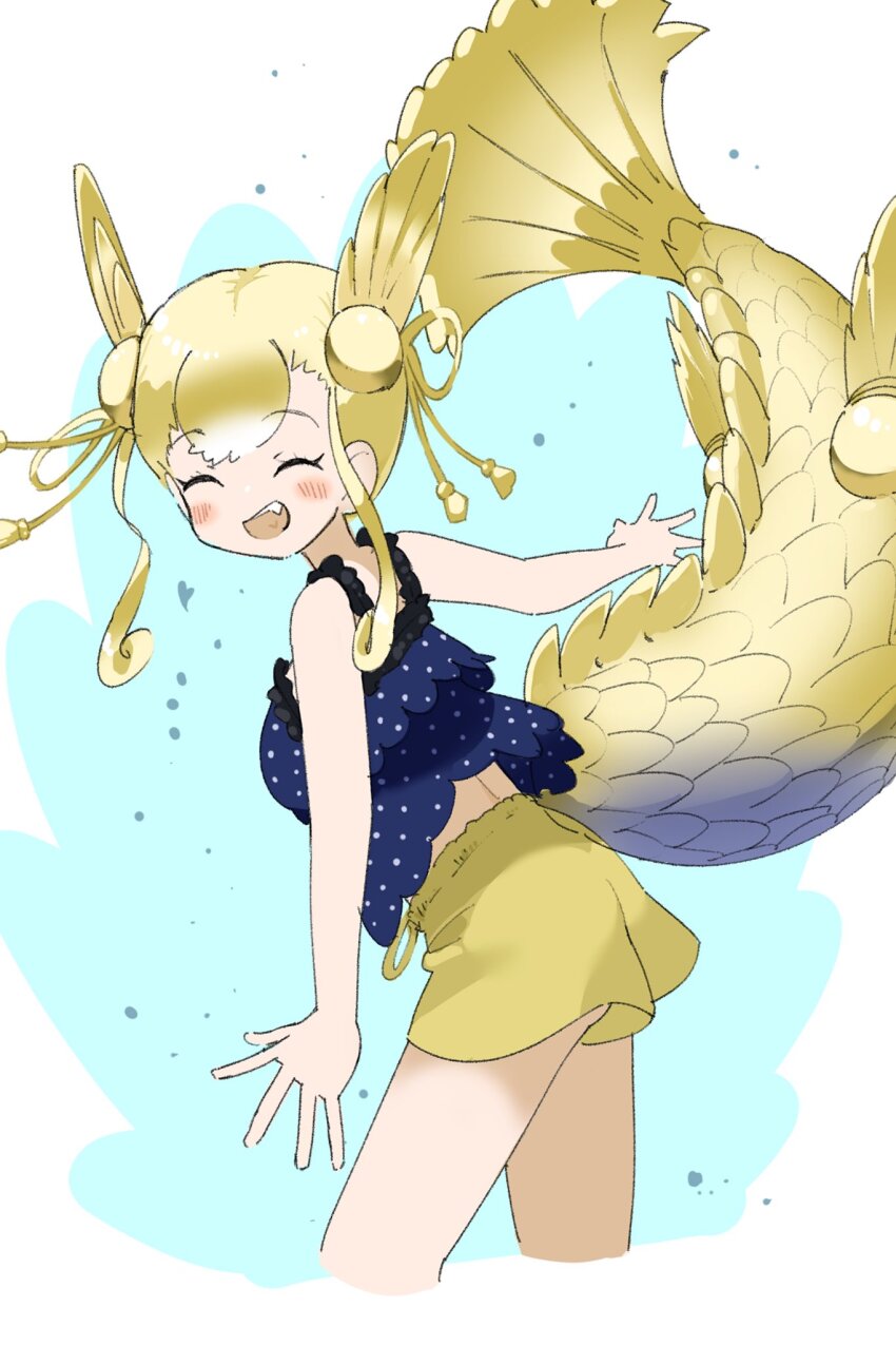 1girl, bare_arms, bare_legs, bare_shoulders, black_trim, blonde_hair, blue_shirt, closed_eyes