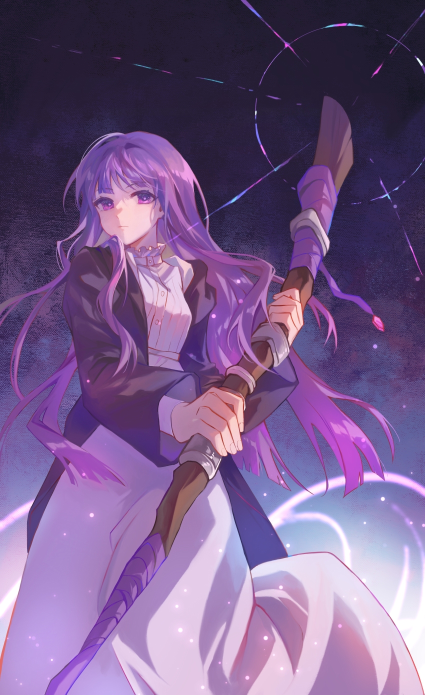 1girl, absurdres, black_coat, closed_mouth, coat, dress, fern_(sousou_no_frieren), fingernails, highres, holding, hotaru_gugugu, light_particles, long_dress, long_hair, long_sleeves, looking_at_viewer, magic, open_clothes, open_coat, purple_eyes, purple_hair, solo, sousou_no_frieren, standing, white_dress