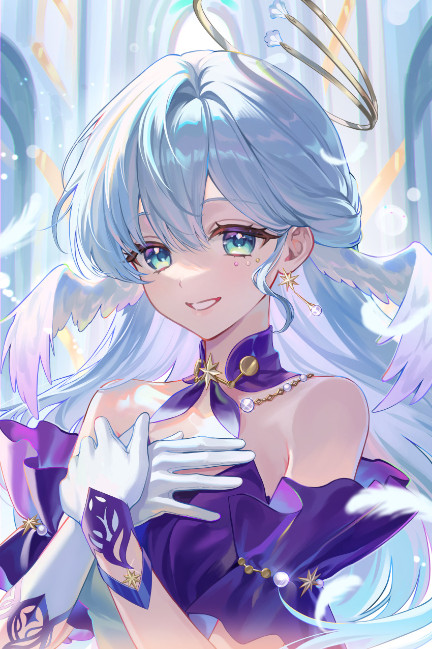 1girl, absurdres, blurry, bokeh, depth_of_field, dress, earrings, feathers