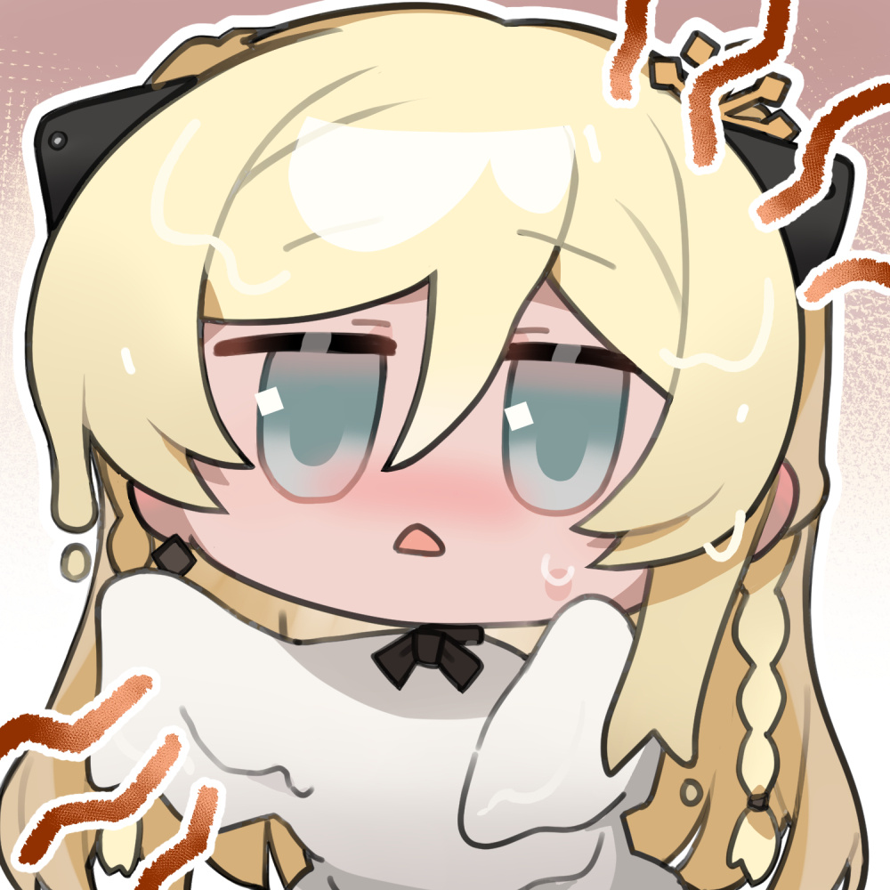 1girl, artist_request, black_ribbon, blonde_hair, blue_eyes, blush, braid, chibi