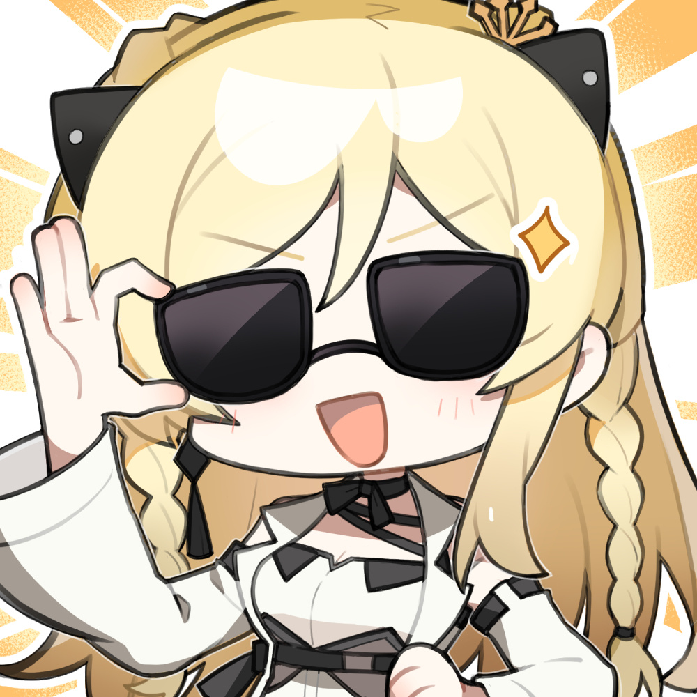 1girl, :d, adjusting_eyewear, artist_request, black_ribbon, blonde_hair, braid, chibi