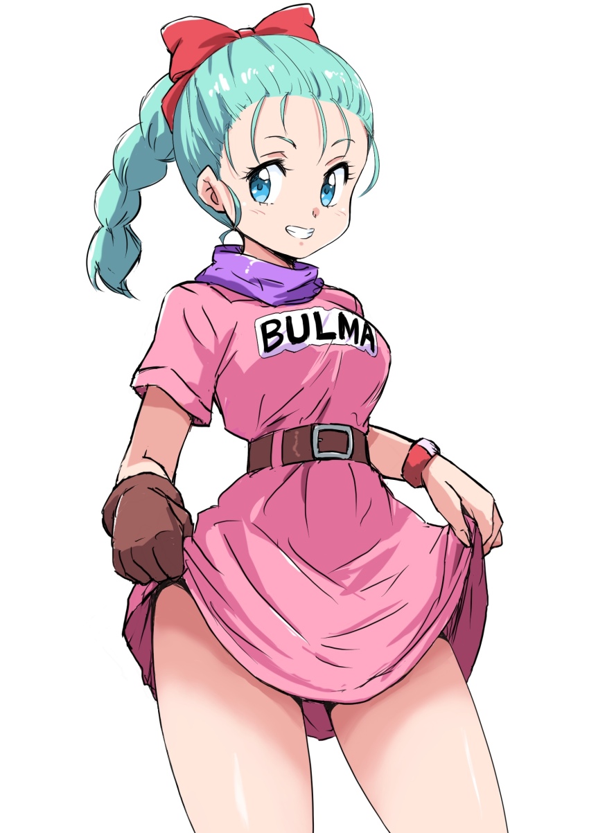 1girl, aqua_hair, belt, blue_eyes, bracelet, braid, brown_belt, brown_gloves, bulma, character_name, clothes_lift, dragon_ball, dragon_ball_(classic), dress, gloves, grin, hair_ribbon, highres, ikaringo_(ikaringo4444), jewelry, looking_at_viewer, pink_dress, purple_scarf, red_ribbon, ribbon, scarf, smile, solo, white_background