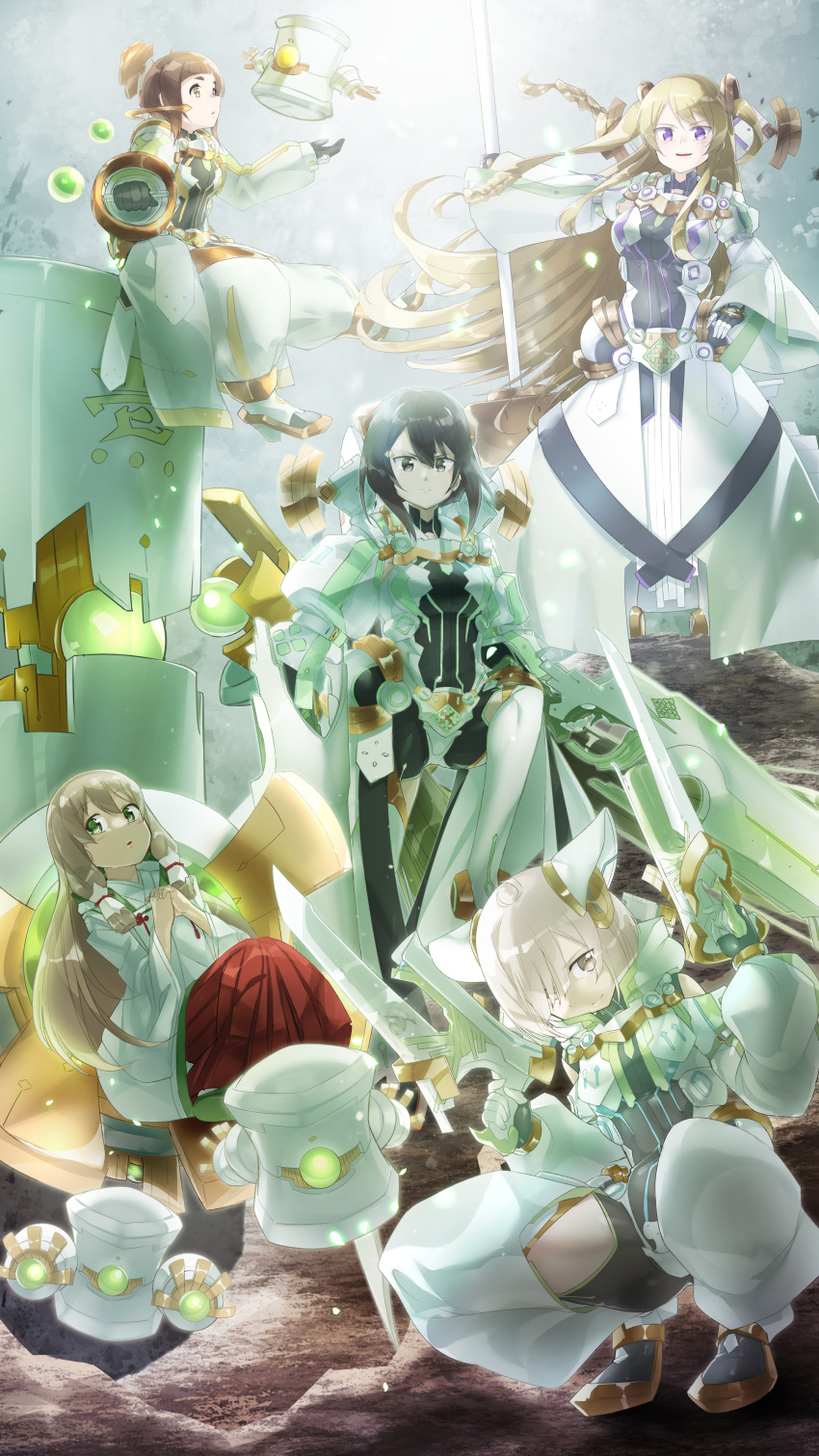 5girls, absurdres, armor, black_hair, blonde_hair, brown_hair, gun, hakama