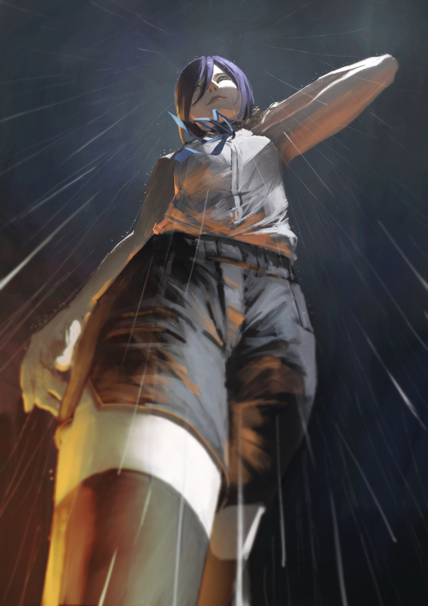 1girl, absurdres, arm_up, armald0, breasts, chainsaw_man, choker, from_below