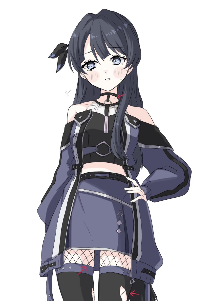 1girl, ampere_(love_live!), bare_shoulders, black_choker, black_hair, black_shirt, black_thighhighs, blue_coat, blue_eyes, blue_skirt, blush, choker, coat, collarbone, commentary_request, crop_top, cropped_shirt, fishnet_pantyhose, fishnets, hair_intakes, half_updo, hand_on_own_hip, highres, link!_like!_love_live!, long_hair, long_sleeves, love_live!, midriff, miniskirt, mole, mole_on_neck, murano_sayaka, natsu_(natsukikenken), o-ring, official_alternate_costume, open_clothes, open_coat, pantyhose, parted_lips, pointing_out_the_details, puff_of_air, puffy_long_sleeves, puffy_sleeves, shirt, simple_background, skirt, sleeveless, sleeveless_shirt, solo, thighhighs, thighhighs_over_pantyhose, torn_clothes, torn_thighhighs, virtual_youtuber, white_background