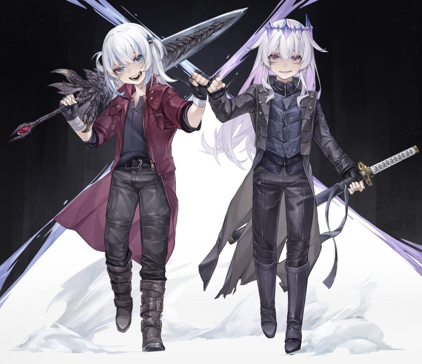 2girls, arm_bump, black_boots, black_coat, black_gloves, black_pants, black_shirt, blue_eyes