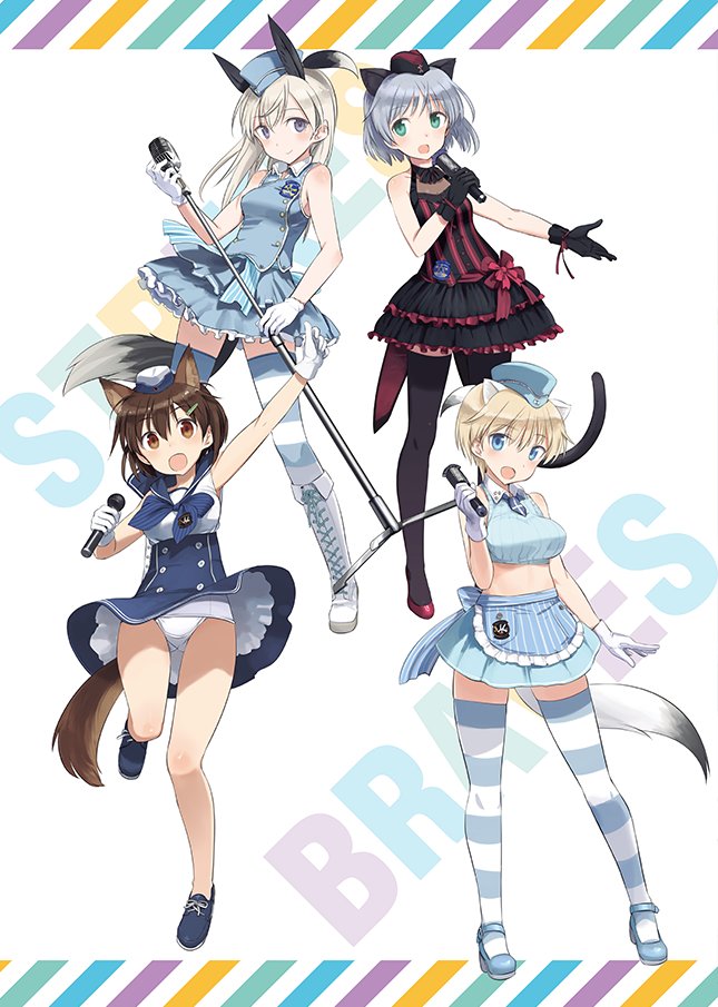 4girls, 501st_joint_fighter_wing_(emblem), 502nd_joint_fighter_wing_(emblem), alternate_costume, animal_ears, black_thighhighs, blonde_hair, boots