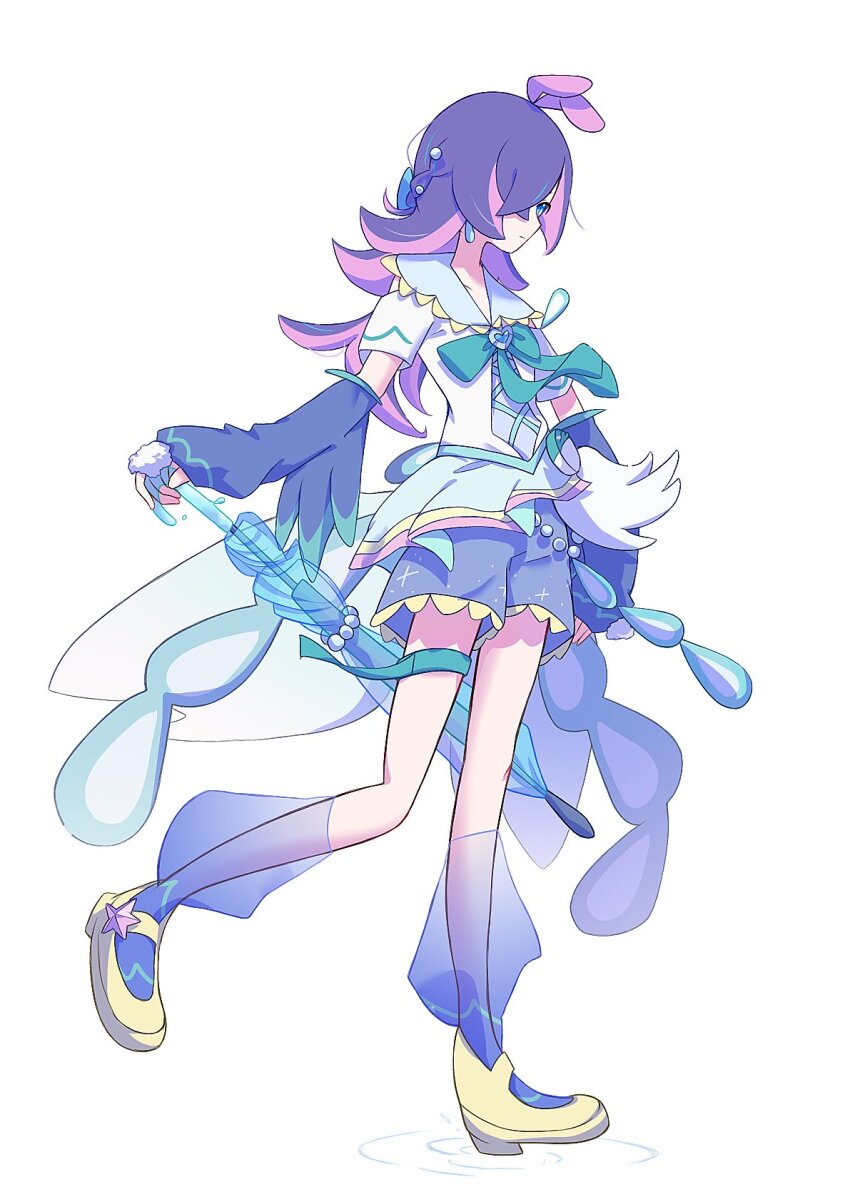 1girl, blue_eyes, bow, closed_mouth, cosplay, crystal, dot_(pokemon), earrings