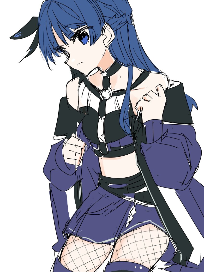 1girl, ampere_(love_live!), bare_shoulders, black_shirt, blue_boots, blue_coat, blue_eyes, blue_hair