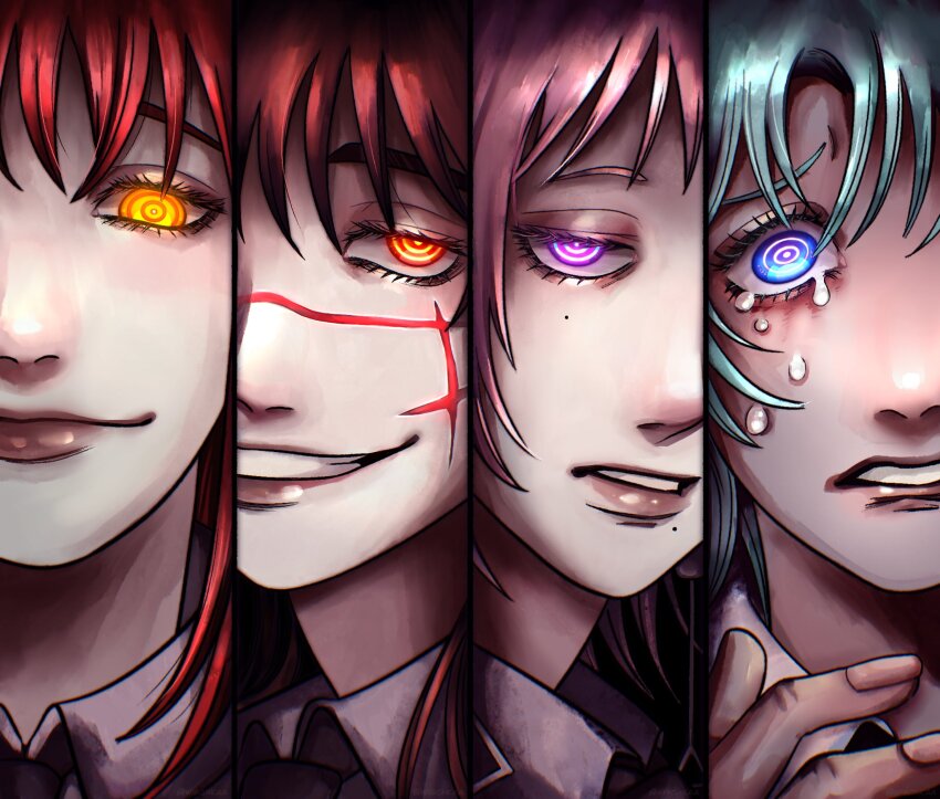 4girls, blue_eyes, chainsaw_man, close-up, closed_mouth, commentary, crying, crying_with_eyes_open, english_commentary, facial_scar, fami_(chainsaw_man), grey_hair, grin, highres, makima_(chainsaw_man), mole, mole_under_eye, multiple_girls, purple_eyes, purple_hair, red_eyes, red_hair, scar, scar_on_cheek, scar_on_face, scar_on_nose, smile, tears, teeth, famine_devil_(chainsaw_man), wischkaa, yellow_eyes, yoru_(chainsaw_man)