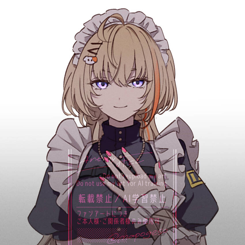 1girl, ahoge, animal_hair_ornament, apron, artist_name, black_dress, blonde_hair, breasts