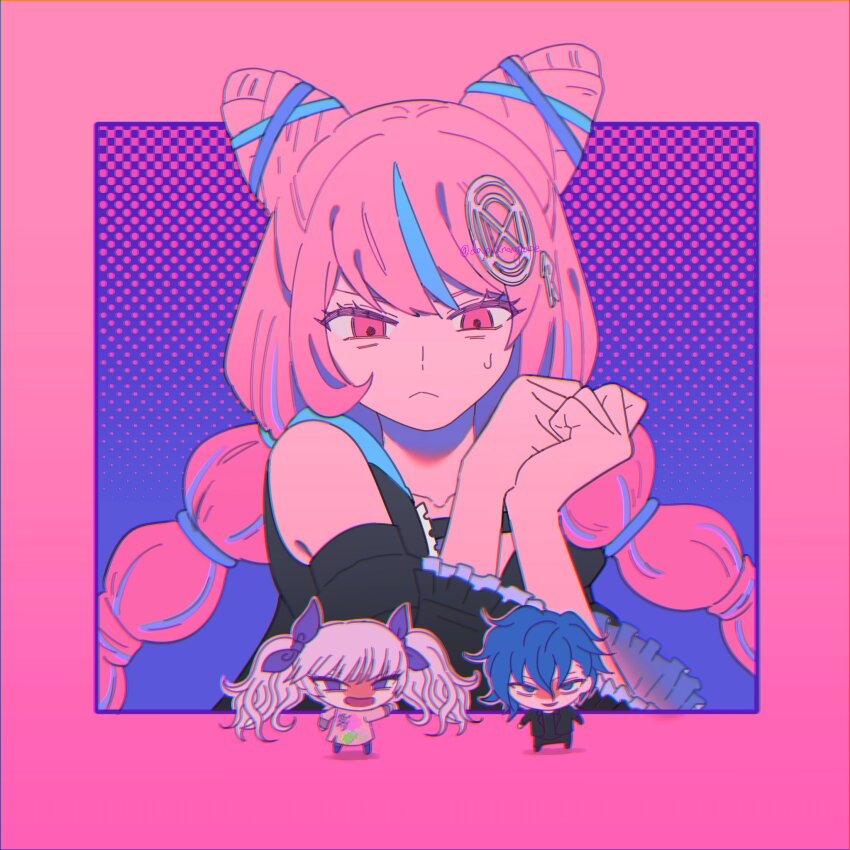 1boy, 2girls, :<, aoyama_kazuki, bare_shoulders, chibi, chibi_inset, cone_hair_bun