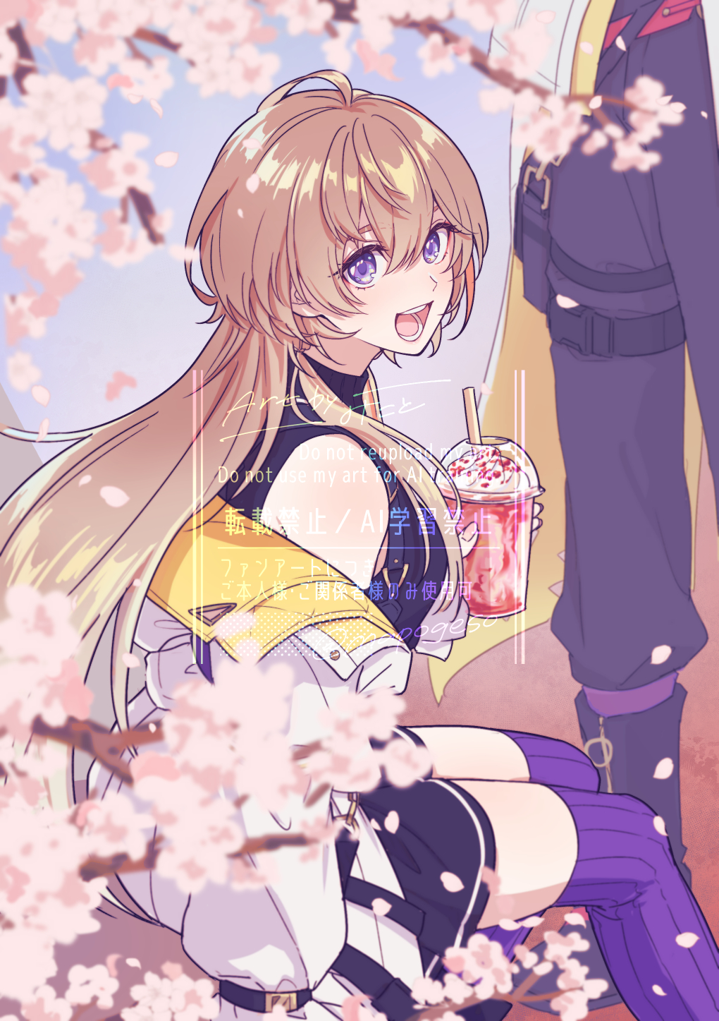 1boy, 1girl, :d, ahoge, artist_name, black_pants, black_shirt, black_skirt, blonde_hair, blurry, blurry_foreground, branch, breasts, cherry_blossoms, coat, cup, day, disposable_cup, drink, drinking_straw, eyelashes, falling_petals, fingernails, flower, fura_kanato, fura_kanato_(1st_costume), genderswap, genderswap_(mtf), hair_between_eyes, hand_up, hashtag-only_commentary, highres, holding, holding_cup, kana_(fura_kanato), long_hair, looking_at_viewer, looking_to_the_side, mapogeso, medium_breasts, multicolored_hair, nail_polish, nijisanji, off_shoulder, open_clothes, open_coat, open_mouth, orange_hair, outdoors, pants, petals, pink_flower, pink_nails, purple_eyes, purple_thighhighs, ribbed_thighhighs, shirt, signature, sitting, skirt, sleeveless, sleeveless_shirt, smile, standing, streaked_hair, teeth, thigh_strap, thighhighs, turtleneck, twitter_username, two-sided_coat, two-sided_fabric, very_long_hair, virtual_youtuber, watermark, white_coat