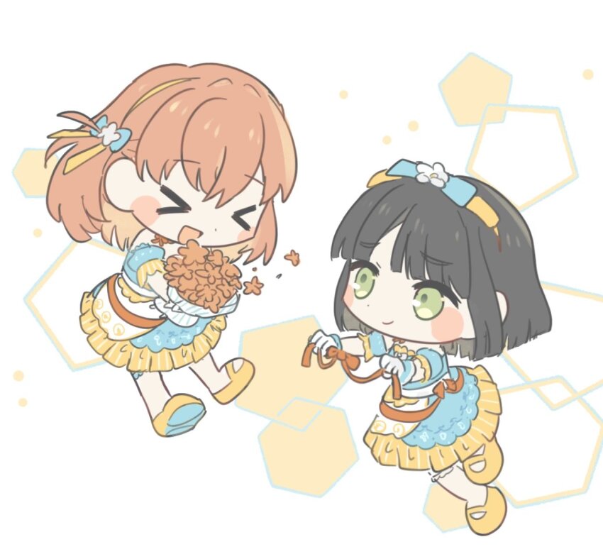 >_<, 2girls, :d, black_hair, blue_bow, blue_dress, blunt_bangs, blunt_ends