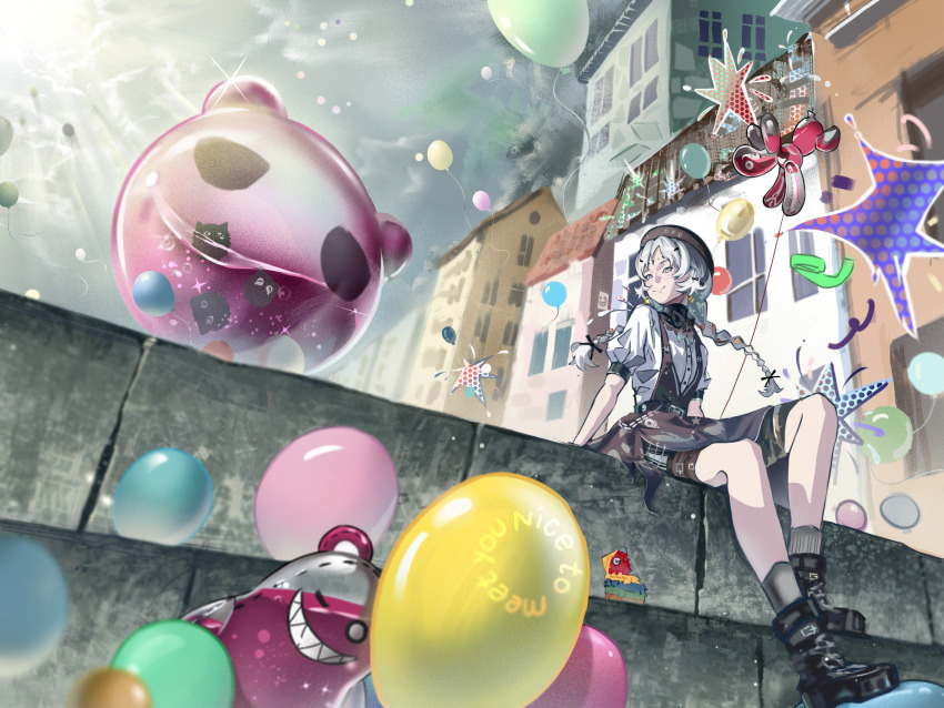 1girl, balloon, balloon_animal, balloon_party, beret, black_boots, black_bow, black_bowtie