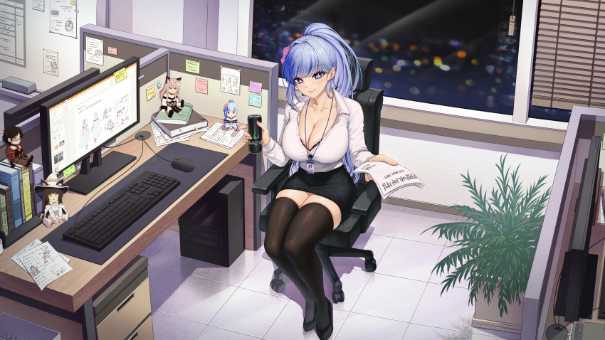 1girl, absurdres, black_bra, black_shoes, black_skirt, blue_eyes, blue_hair, bra
