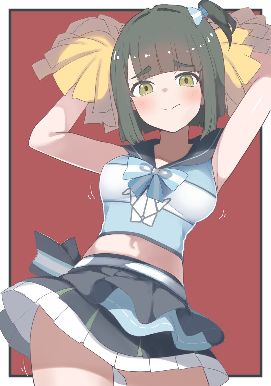 1girl, 3:, arms_up, black_sailor_collar, black_skirt, blue_background, blue_shirt, blunt_bangs, blunt_ends, blush, bouncing_breasts, bow, breasts, cheerleader, closed_mouth, commentary, contrapposto, cowboy_shot, embarrassed, green_hair, h.s.c.t._(love_live!), hair_bow, highres, layered_skirt, link!_like!_love_live!, looking_at_viewer, love_live!, medium_breasts, midriff, miniskirt, momose_ginko, navel, official_alternate_costume, one_side_up, pleated_skirt, pom_pom_(cheerleading), raised_inner_eyebrows, sailor_collar, sailor_shirt, shirt, short_hair, short_sleeves, skirt, solo, soyo1558686, split_mouth, virtual_youtuber