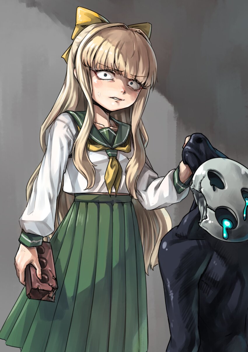 1girl, absurdres, angry, blonde_hair, blue_eyes, brick, character_request, collarbone, commentary, green_sailor_collar, green_skirt, highres, hold111, holding, holding_brick, korean_commentary, long_hair, long_skirt, long_sleeves, looking_at_viewer, mahou_shoujo_ni_akogarete, neckerchief, pleated_skirt, red_pupils, sailor_collar, school_uniform, serafuku, shirt, skirt, standing, tenkawa_kaoruko, veins, white_shirt, yellow_neckerchief