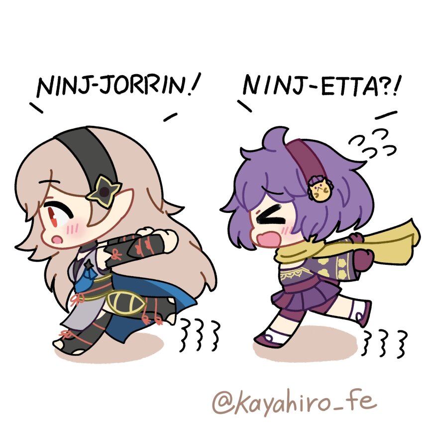 2girls, alternate_costume, armored_leotard, bernadetta_von_varley, black_hairband, blush, chibi, chibi_only, female_corrin_(fire_emblem), female_corrin_(ninja)_(fire_emblem), feet, fire_emblem, fire_emblem:_three_houses, fire_emblem_fates, fire_emblem_heroes, grey_hair, grey_kimono, hair_ornament, hairband, hedgehog, highres, hiro_kayama, japanese_clothes, kimono, leotard, long_hair, long_sleeves, multiple_girls, ninja, nintendo, official_alternate_costume, open_mouth, pointy_ears, purple_hair, red_eyes, scarf, shin_guards, short_hair, shuriken_hair_ornament, simple_background, stirrup_legwear, toeless_legwear, yellow_scarf