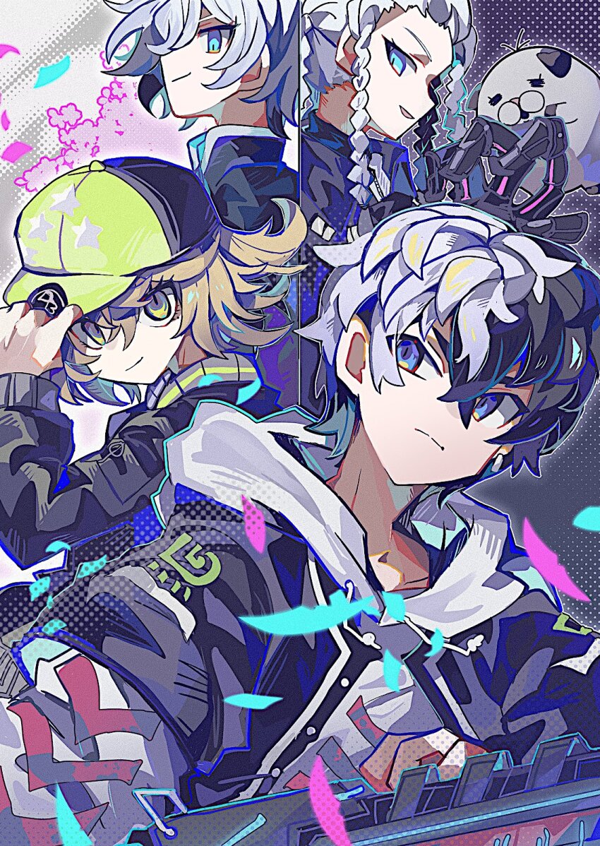 4boys, :d, baseball_cap, black_hair, black_jacket, blonde_hair, blue_eyes, fjsk