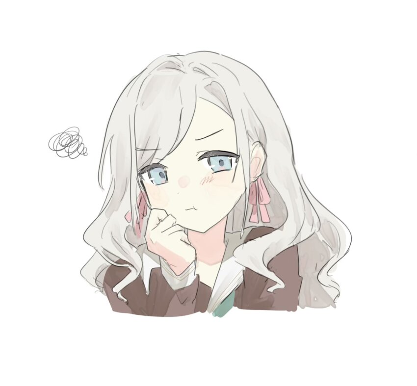 1girl, :t, aqua_neckerchief, blue_eyes, blush, brown_dress, ceras_yanagida_lilienfeld, churhami