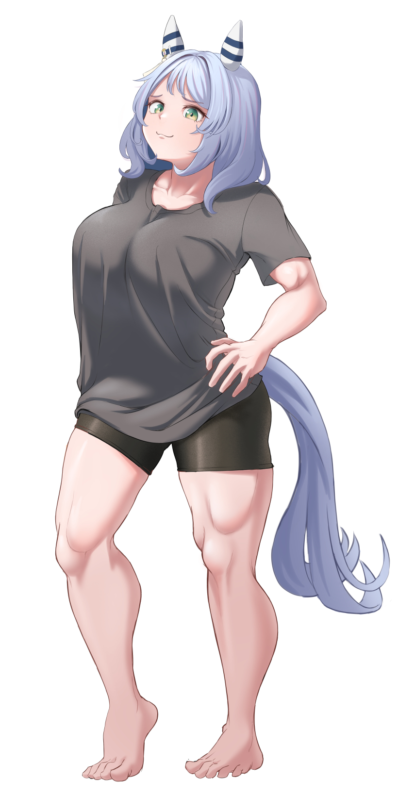 1girl, :3, alternate_costume, animal_ears, barefoot, black_shirt, black_shorts, breasts