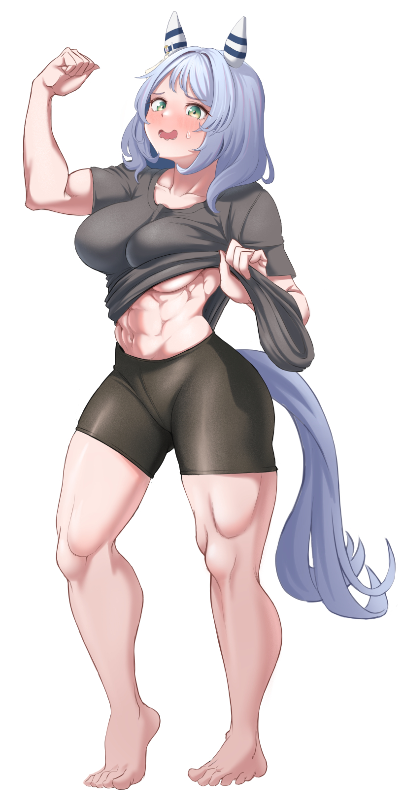 1girl, abs, alternate_costume, animal_ears, barefoot, black_shirt, black_shorts, blush