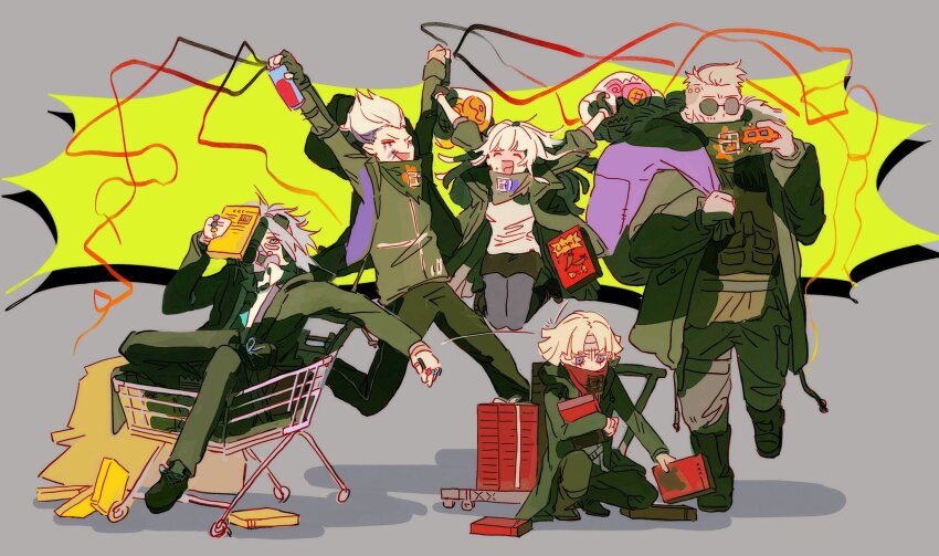 1girl, 4boys, :d, ^_^, asahikawa_kai, bandana, blonde_hair, closed_eyes