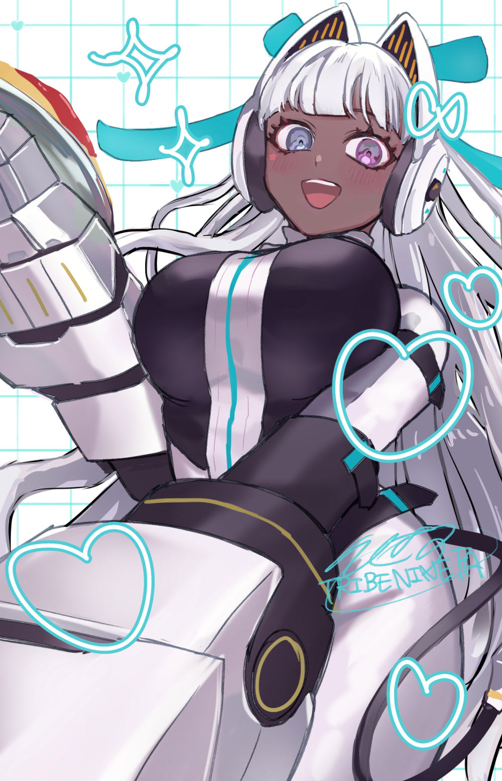 1girl, :d, akiba_hinagiku, bakesugi, blush, bodysuit, breasts, copyright_name