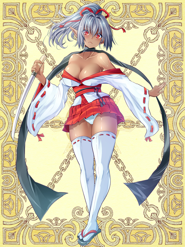 1girl, bare_shoulders, breasts, cleavage, dagger, dark-skinned_female, dark_skin, frown