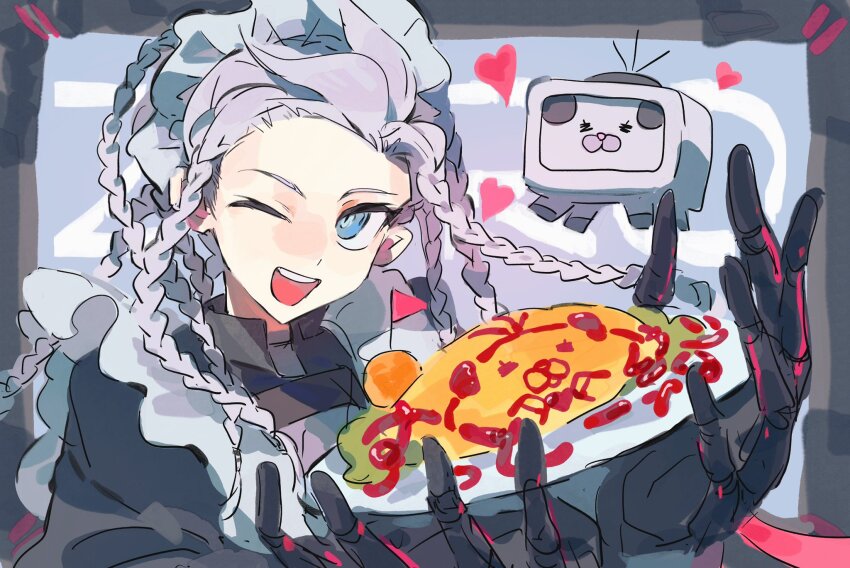 1boy, :d, apron, black_dress, blue_eyes, braid, crossdressing, crossdressing_(mtf), dress, food, grey_hair, hashtag-only_commentary, heart, highres, holding, holding_plate, juliet_sleeves, long_hair, long_sleeves, looking_at_viewer, maid, maid_apron, maid_headdress, male_focus, male_maid, nasix68, omelet, omurice, one_eye_closed, open_mouth, plate, pose_imitation, puffy_sleeves, smile, solo, teeth, tribe_nine, upper_teeth_only, zero_(plush)_(tribe_nine), zero_(tribe_nine)