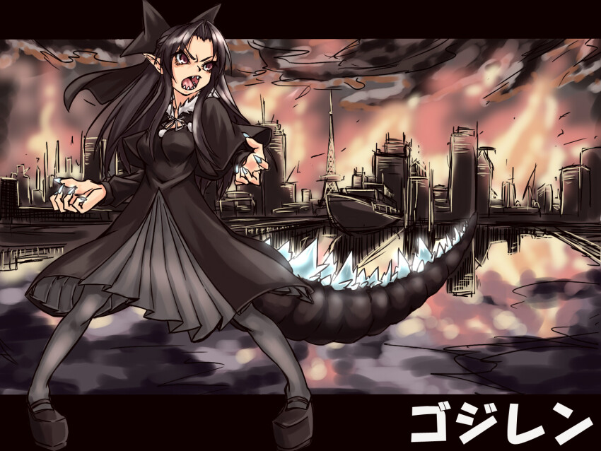 1girl, alternate_color, angry, black_bow, black_capelet, black_dress, black_hair, black_tail