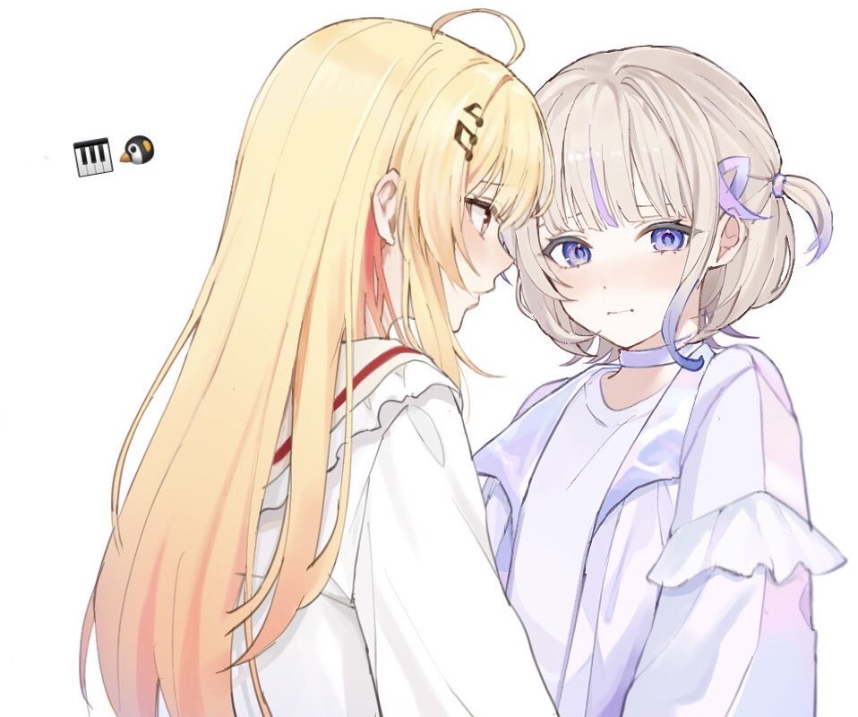 2girls, blonde_hair, brown_eyes, choker, commentary, gradient_hair, hololive, hololive_dev_is