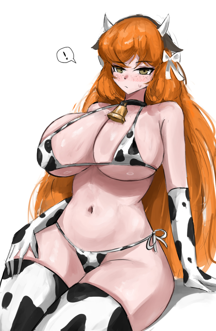 !, 1girl, alternate_breast_size, animal_print, bell, bikini, blush, bow, breasts, collar, cow_girl, cow_horns, cow_print, cow_print_bikini, cowbell, doubleuww1, elbow_gloves, freckles, gloves, green_eyes, hair_bow, headband, highres, horns, ishmael_(project_moon), large_breasts, limbus_company, long_hair, orange_hair, print_bikini, project_moon, simple_background, solo, spoken_exclamation_mark, sweatdrop, swimsuit, thighs, white_background