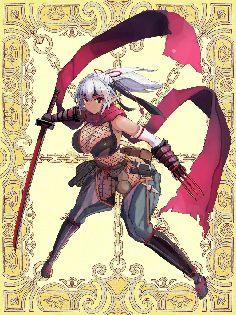 1girl, armor, bikini_armor, black_bra, black_socks, bra, breasts, claw_(weapon)