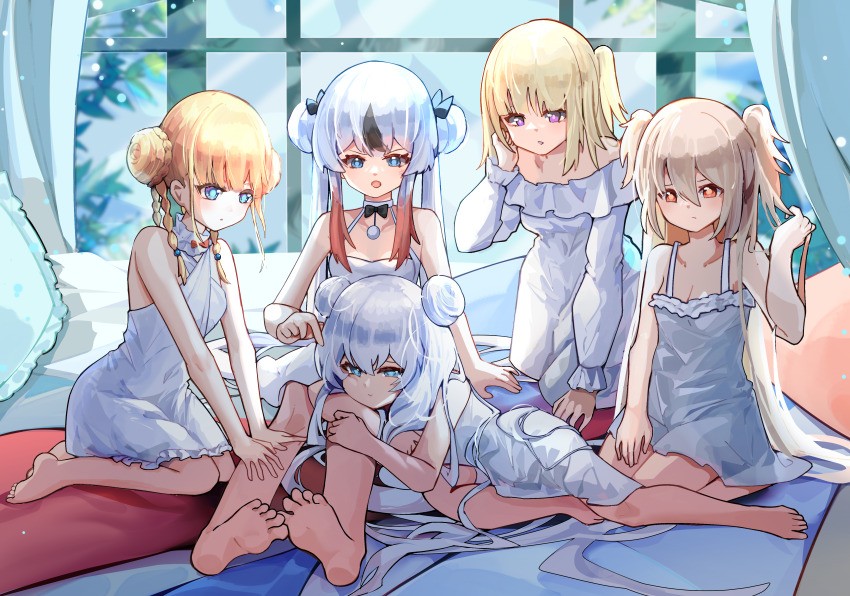 5girls, absurdres, azur_lane, bare_arms, bare_legs, bare_shoulders, barefoot, black_hair