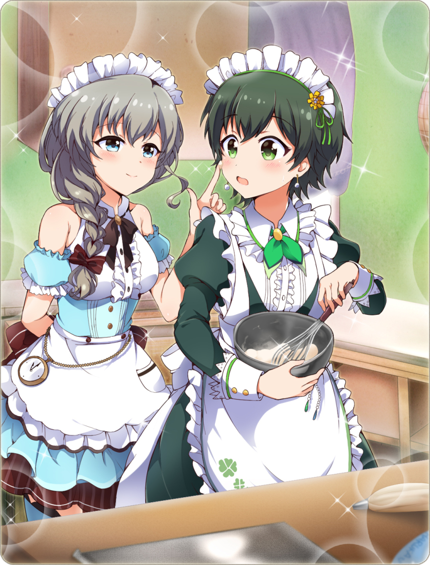 2girls, 5p_(opi_32), apron, arm_behind_back, battle_girl_high_school, black_ribbon, blue_eyes, blush