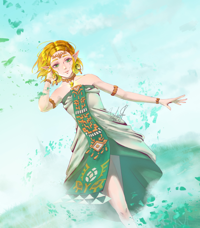 1girl, absurdres, armlet, blonde_hair, bracelet, braid, chinese_commentary, closed_mouth, commentary_request, crown_braid, dated, dress, eyelashes, facial_mark, fog, grass, green_eyes, highres, jewelry, loose_hair_strand, nintendo, on_ground, pink_lips, pointy_ears, princess_zelda, signature, smile, solo, strapless, strapless_dress, teardrop_facial_mark, the_legend_of_zelda, the_legend_of_zelda:_tears_of_the_kingdom, thick_eyebrows, tiara, walking, yeeej