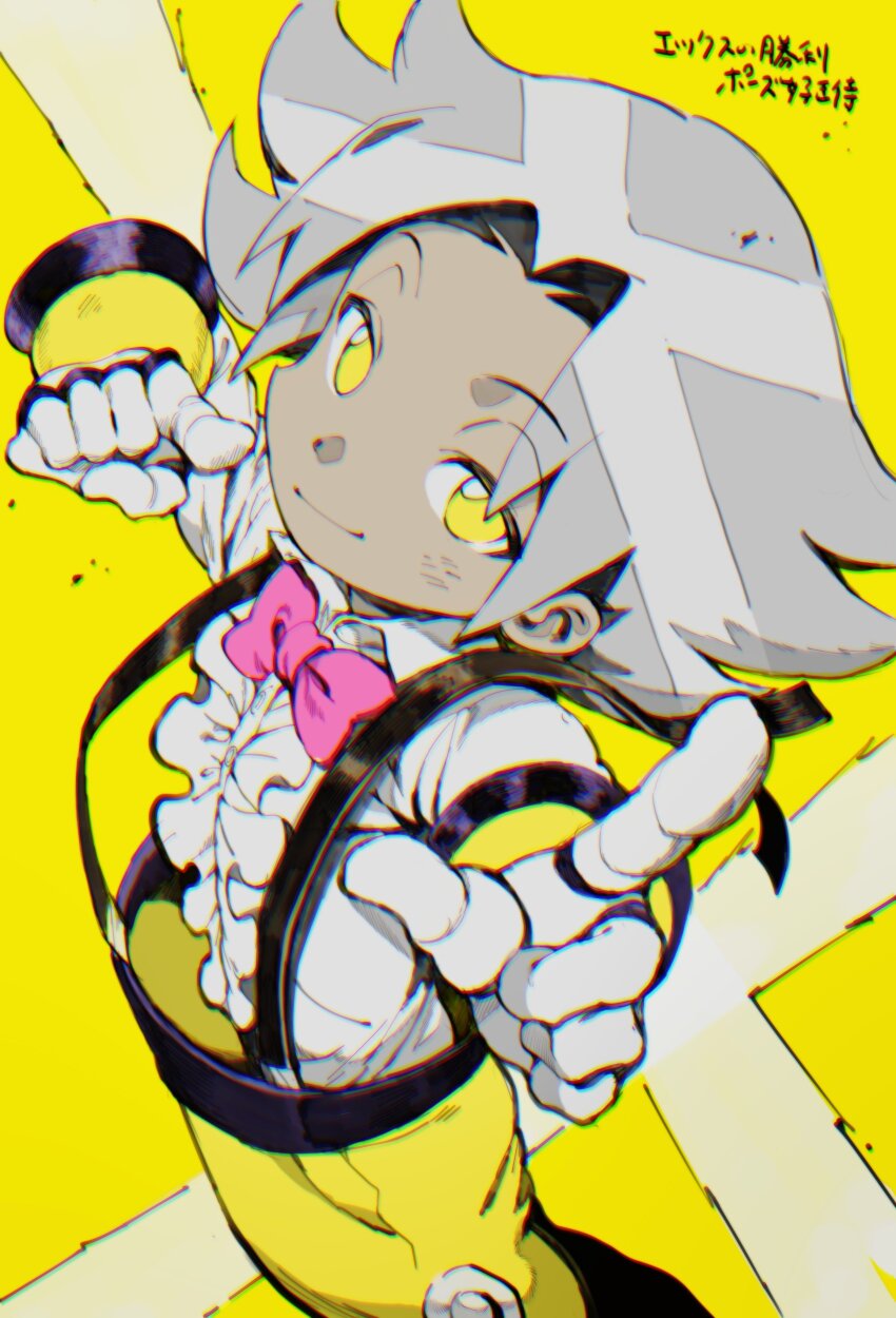 1boy, absurdres, bow, bowtie, center_frills, chromatic_aberration, closed_mouth, dress_shirt