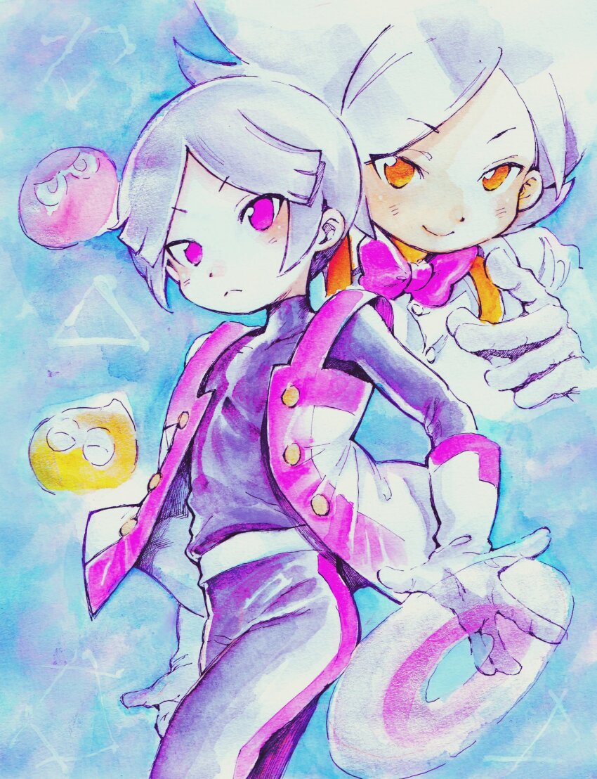 2boys, absurdres, black_pants, black_shirt, bow, closed_mouth, ex_(puyopuyo), gloves